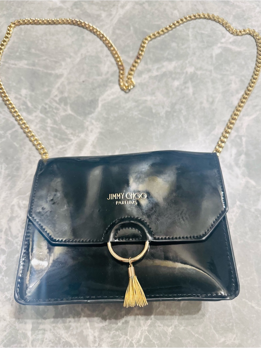 Jimmy Choo Navy Patent Leather Crossbody with Gold Chain & Tassel